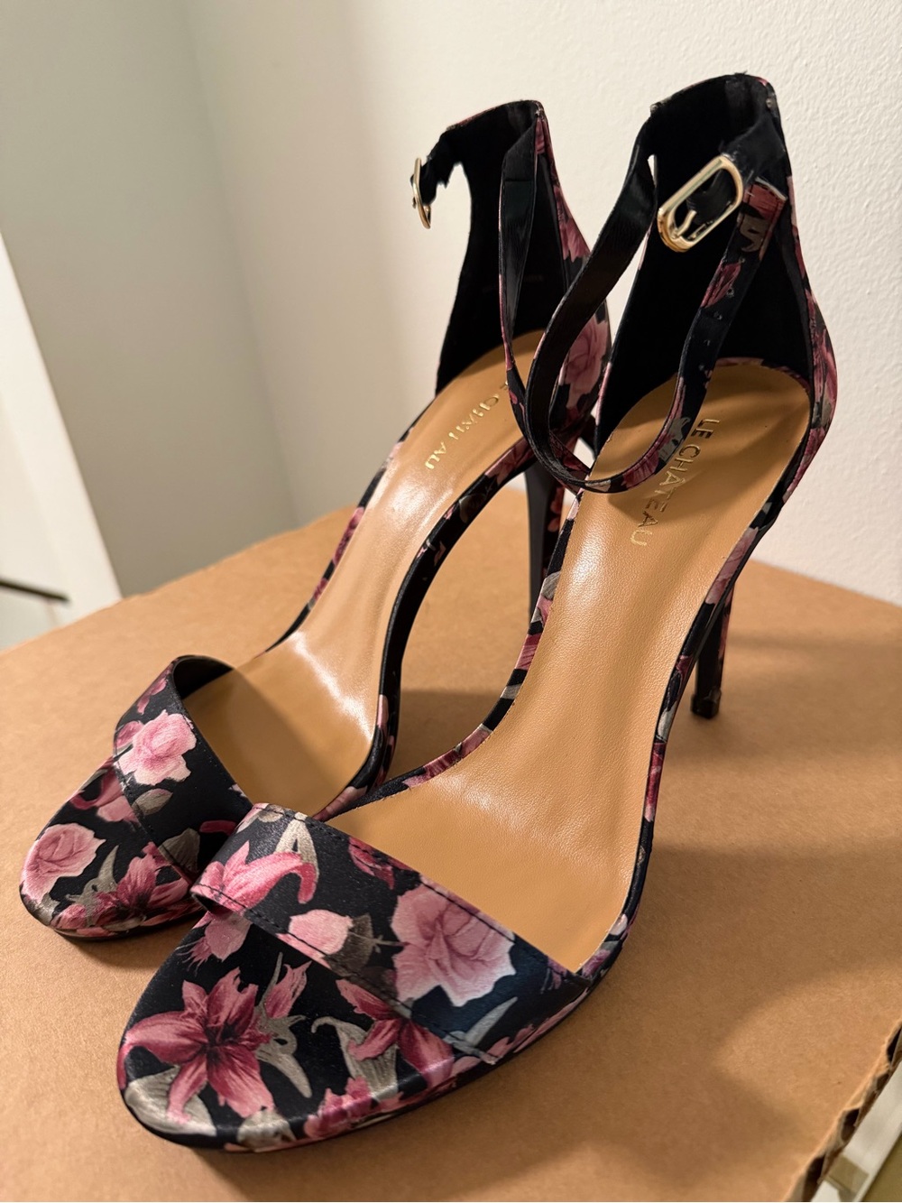 le chateau Black Floral Ankle-Strap High Heels
